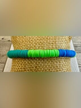 Teal, Lime Green & Cobalt Blue Disc Bead Stretch Bracelet